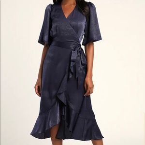 Wrapped Up In Love Dark blue Satin Faux-Wrap Midi Dress